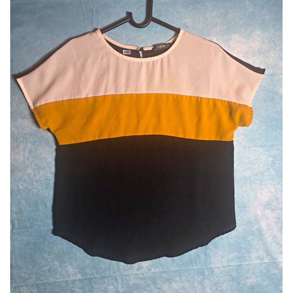 SHEIN Women's Colorblock Cap Sleeve Round Neck Woven Blouse Top Size L